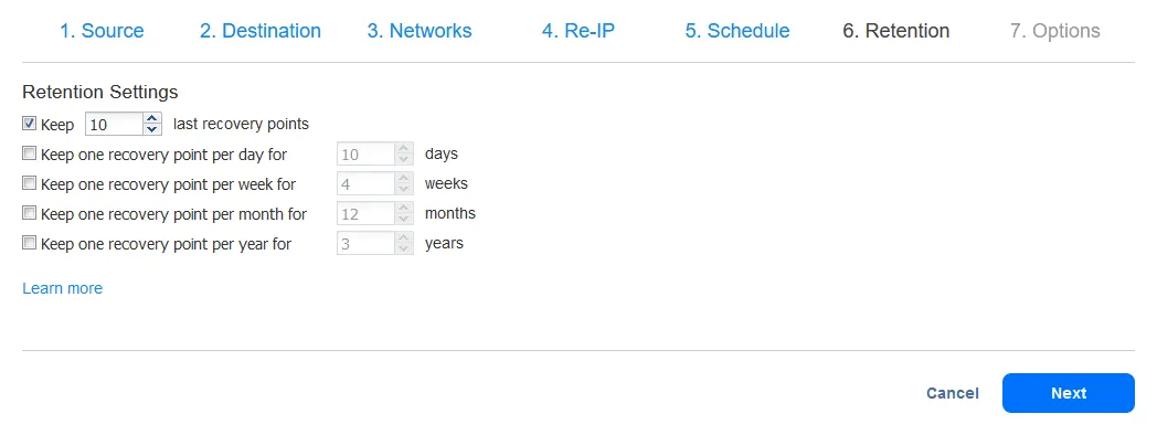 Retention settings – how many recovery points must be preserved