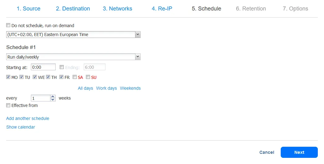 Scheduling settings for a replication job