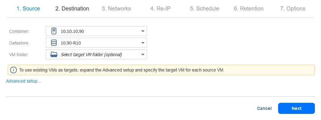 Selecting a destination host and datastore for a VM replica