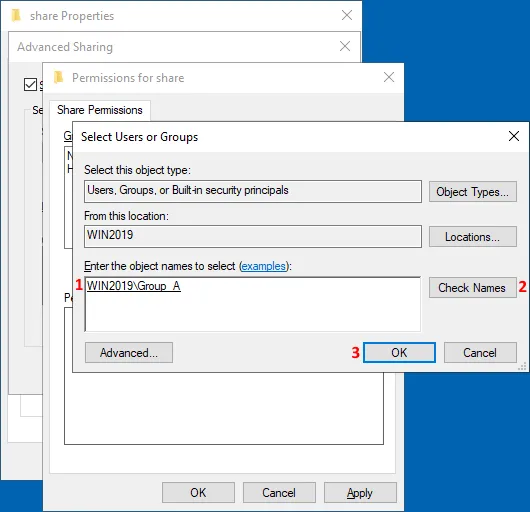 Selecting a group to which we want to share a folder