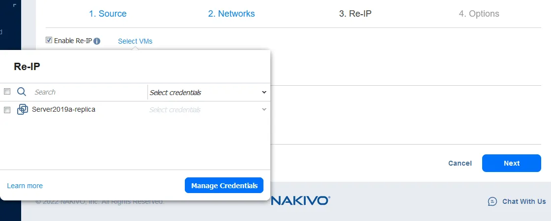 Selecting credentials for the VM to which the Re-IP rules must be applied during VM failover