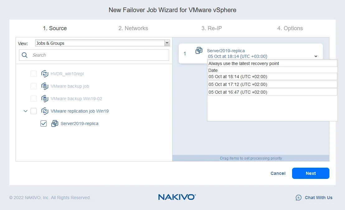 Selecting the VM replicas and recovery points to perform VM failover