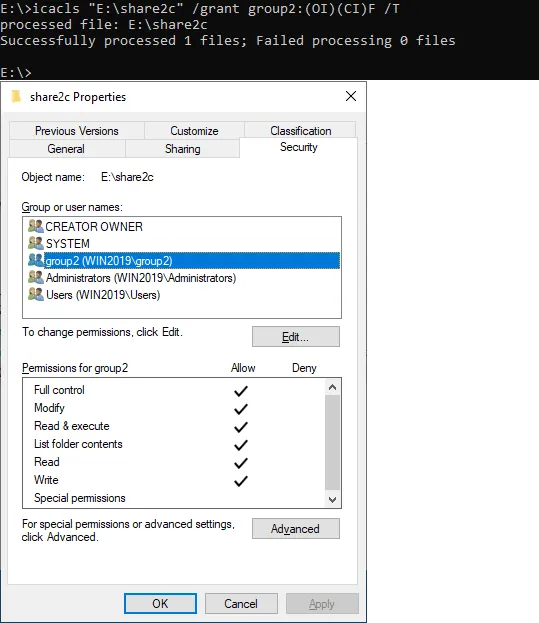 Setting NTFS permissions in the command line for Windows file sharing