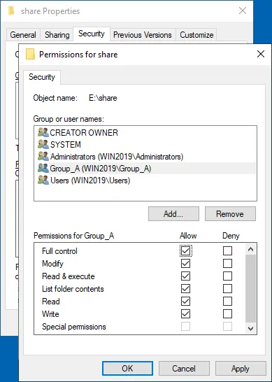 Setting full control NTFS permissions for a group accessing a Windows file share