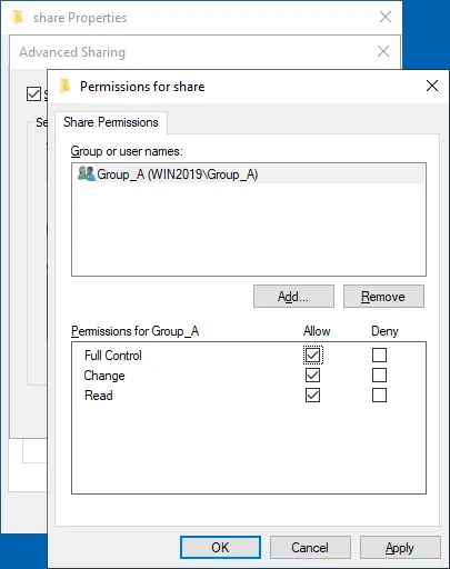 Setting permissions for a group that will access a Windows SMB share