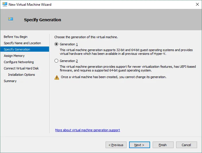 Choosing the generation of the virtual machine.