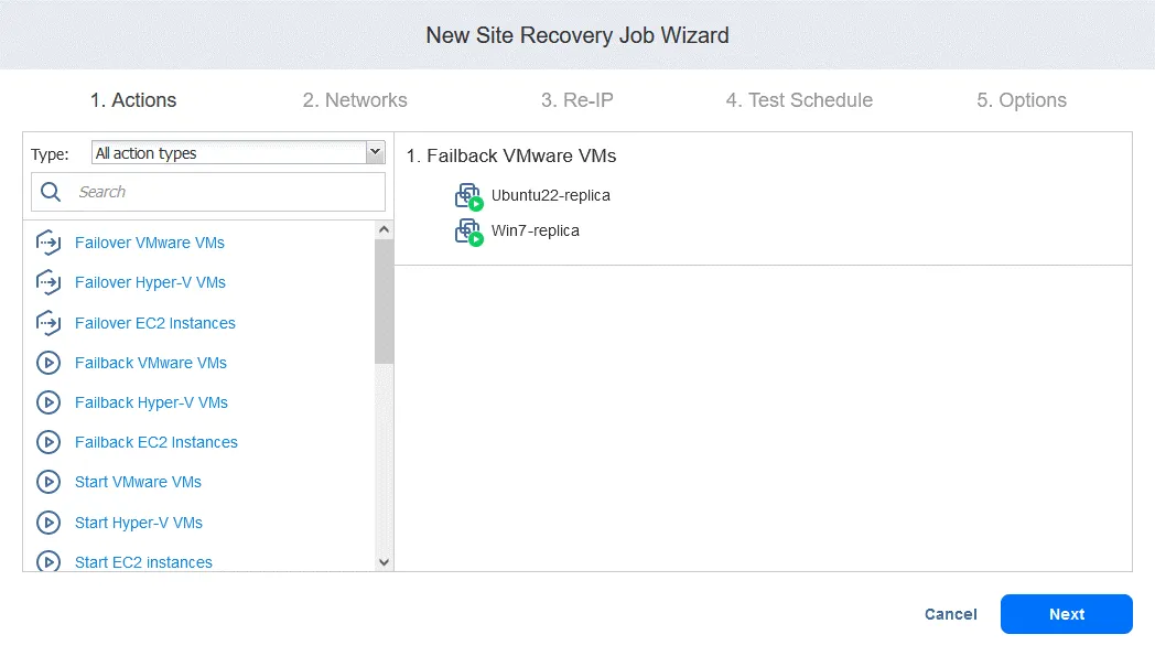 A failback action is added to this Site Recovery job