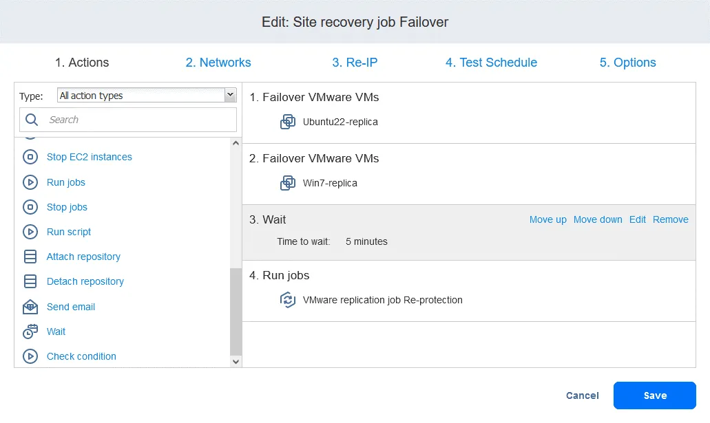 A list of actions included to the site recovery job