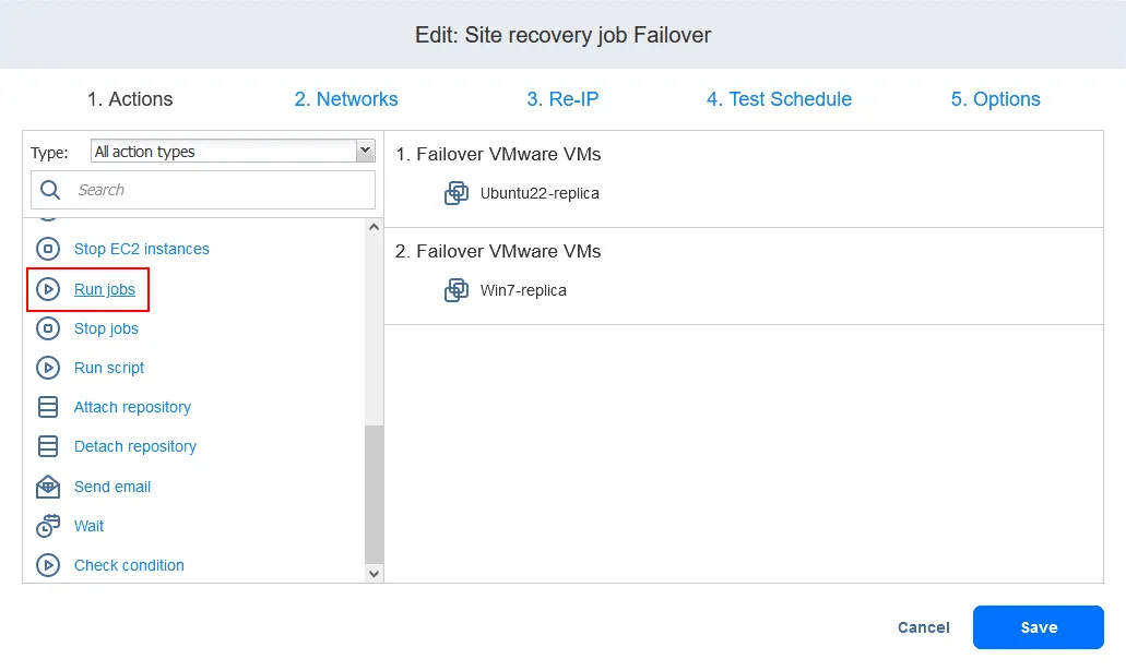Adding a “Run jobs” action to add a VM disaster recovery replication job