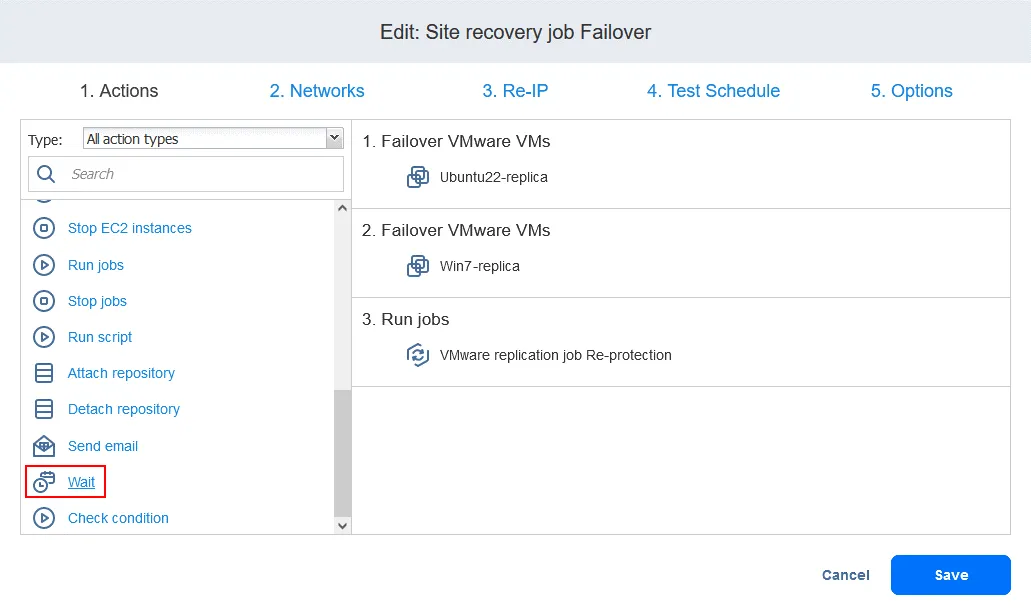 Adding a “Wait” action to a site recovery job