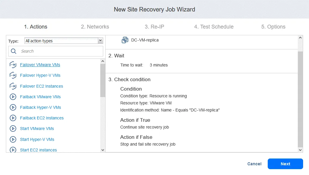 Adding another “Failover VMware VMs” action for a disaster recovery process