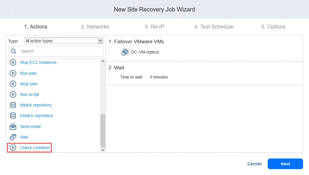 Adding the “Check condition” action to the disaster recovery process