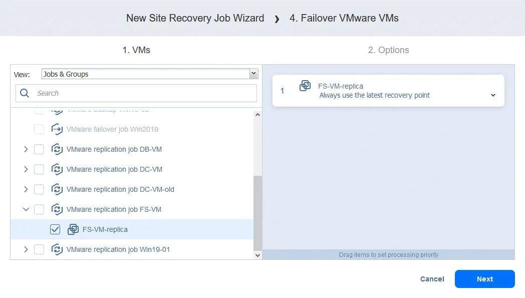 Adding the VM replica for the disaster recovery failover action