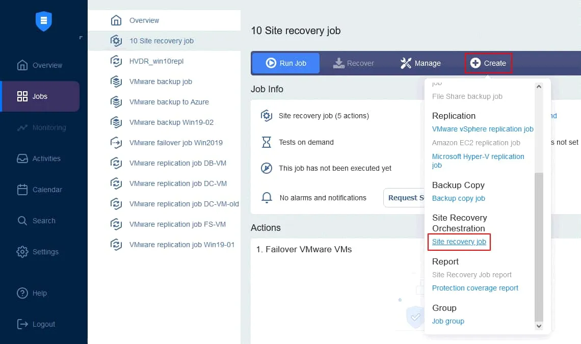 Backup and disaster recovery - creating a new Site Recovery job