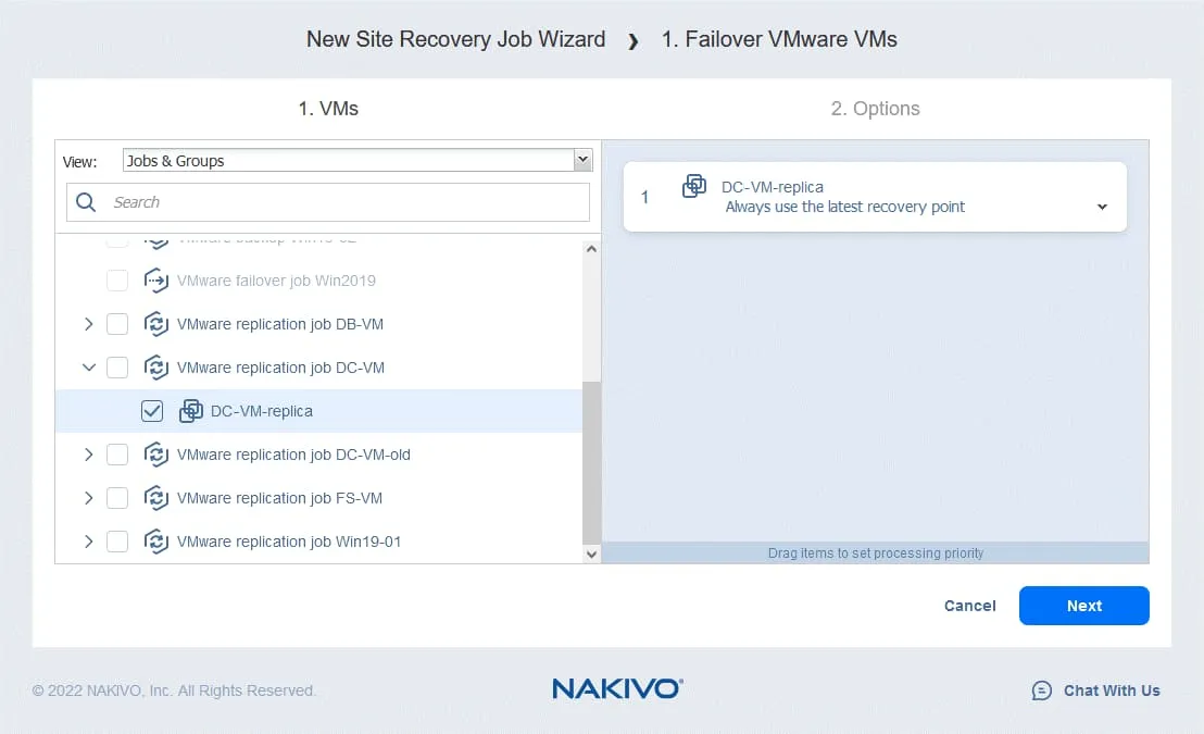 Choosing the VM for a disaster recovery failover action in the framework of site recovery