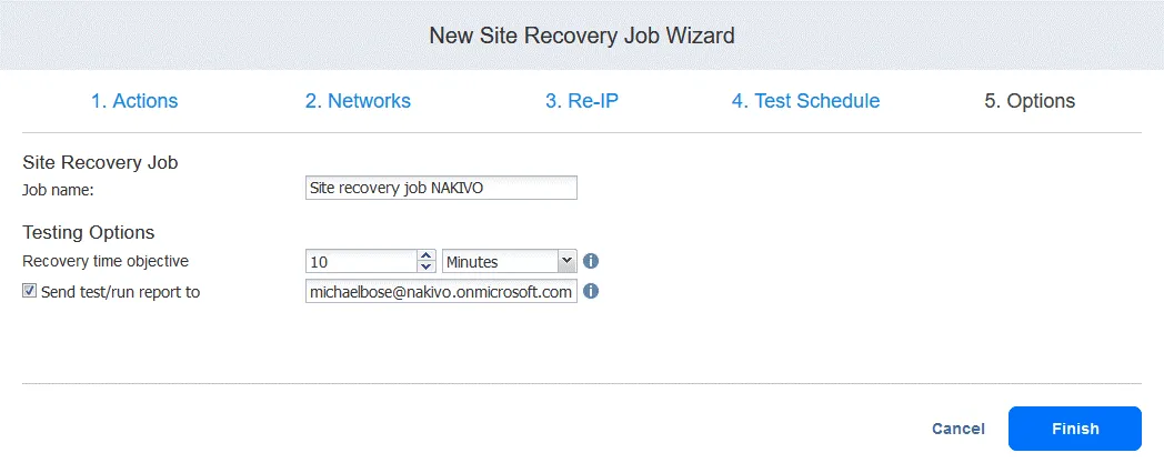 Configuring job options for site recovery and finalizing job configuration