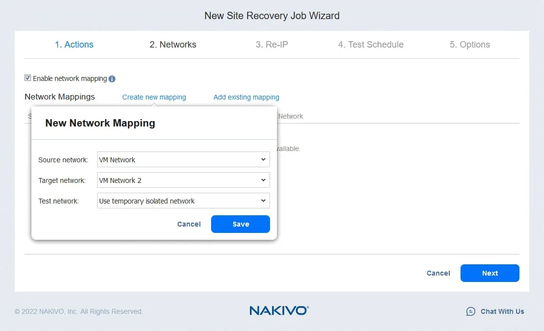 Configuring network mapping for a site recovery job