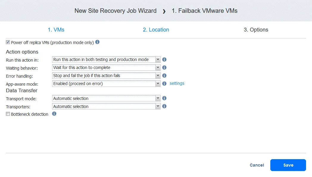 Configuring the failback action options
