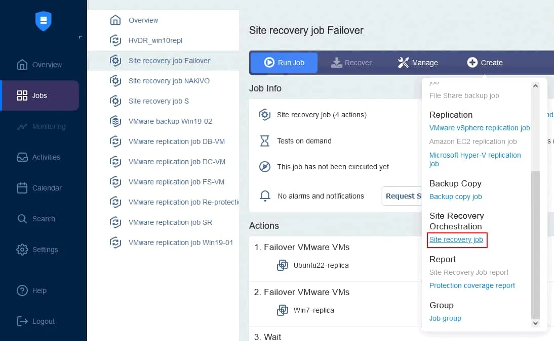 Creating a new site recovery job for failback