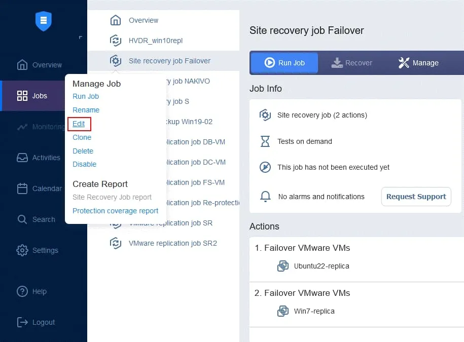 Editing an existing site recovery job