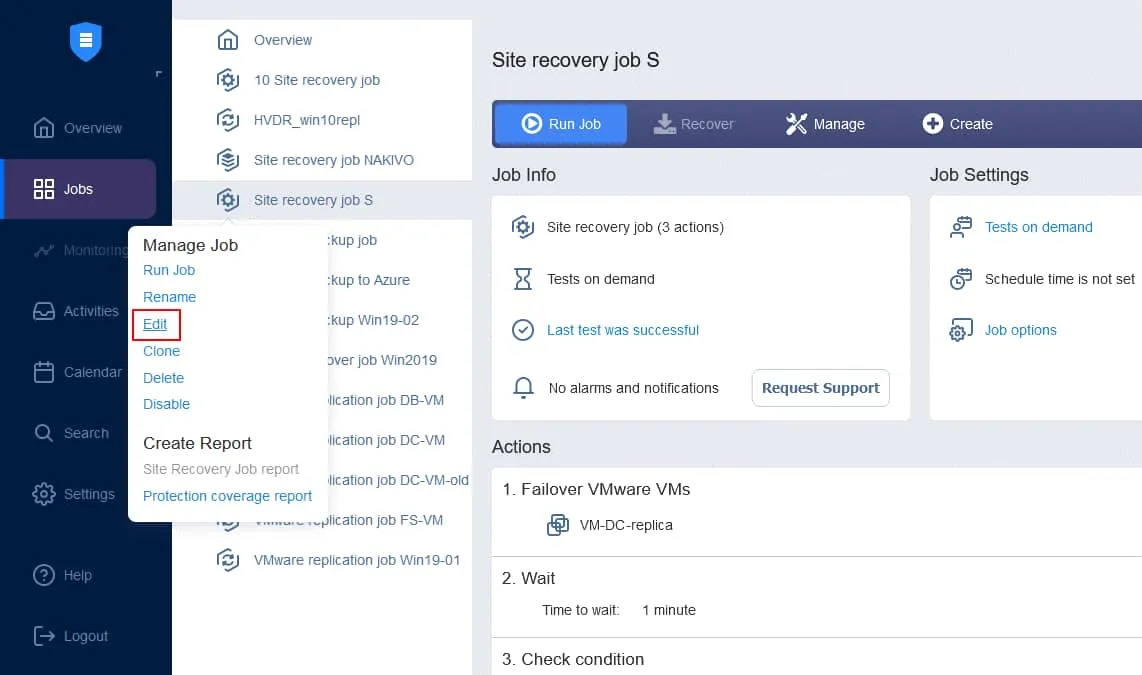 Editing scheduling options for testing a site recovery job