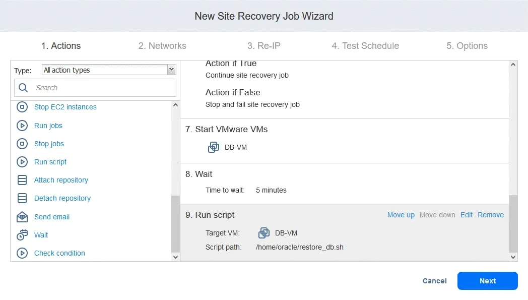 Finalizing configuration of the actions (disaster recovery procedures) for a Site Recovery job workflow