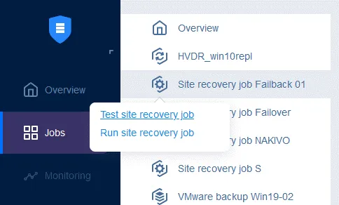 Running a Site Recovery job with failover