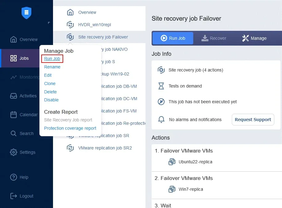 Running a site recovery job for re-protection using disaster recovery replication