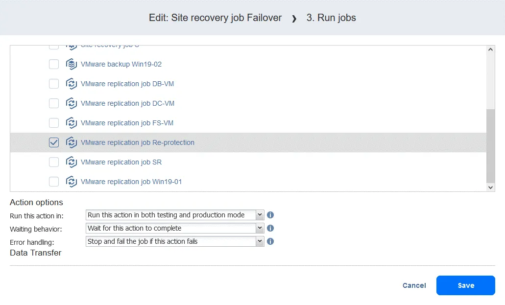 Selecting an existing replication job for a “Run job” action