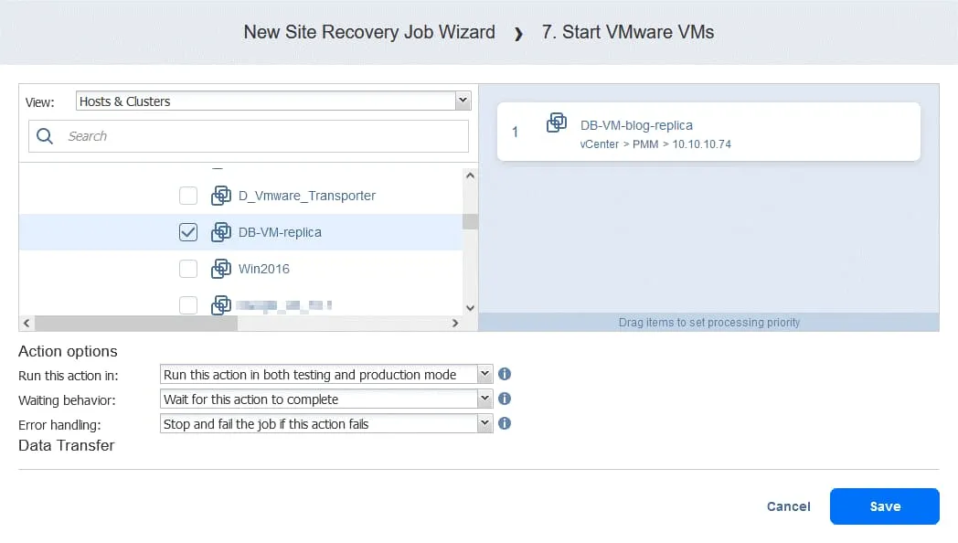 Selecting the VM for a Start VM action