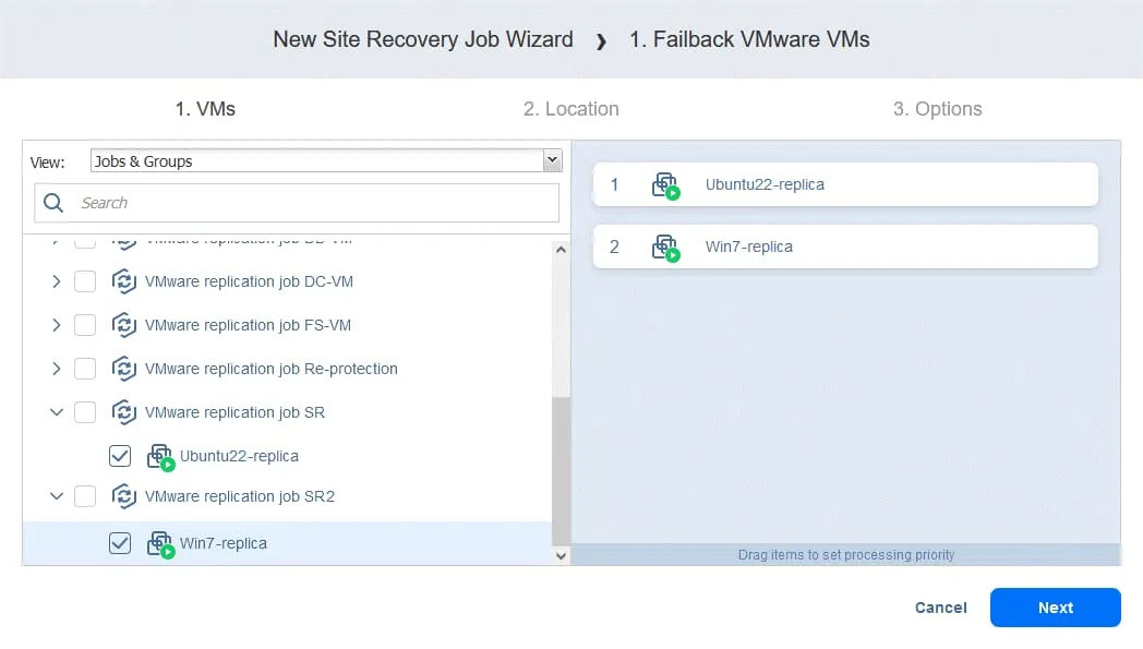 Selecting the virtual machines for failback