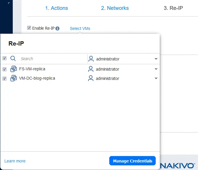 Setting credentials for a Re-IP rule