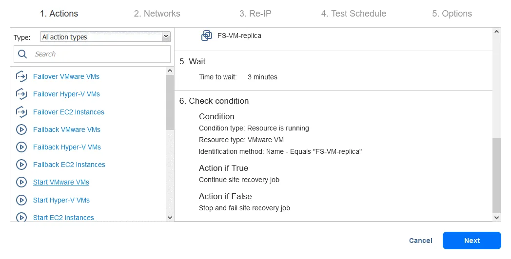 The current list of actions (disaster recovery procedures) for a Site Recovery job
