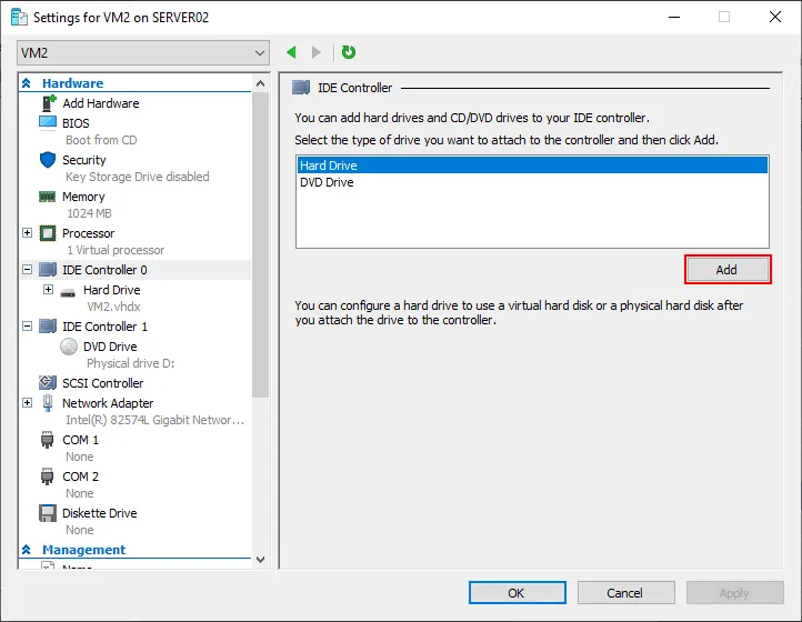 Adding a new virtual hard disk drive to the VM configuration