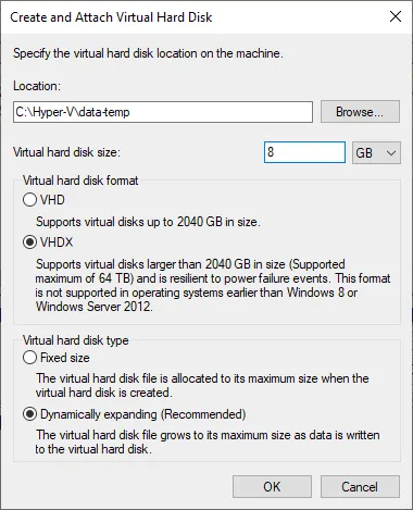 Configuring parameters for a new VHDX file