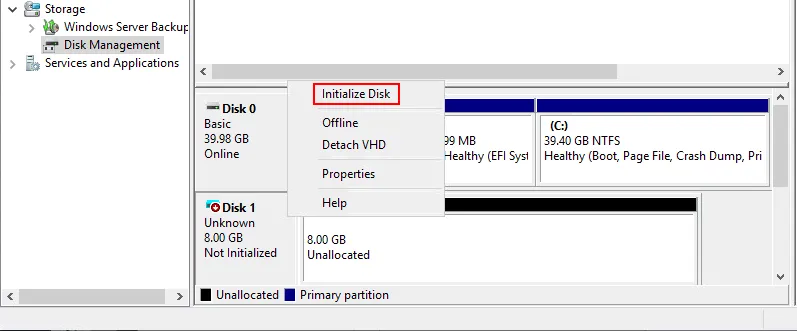 Initializing a disk for Hyper-V file transfer