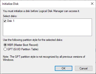 Selecting the MBR partition style