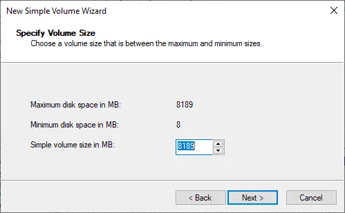 Specifying the volume size