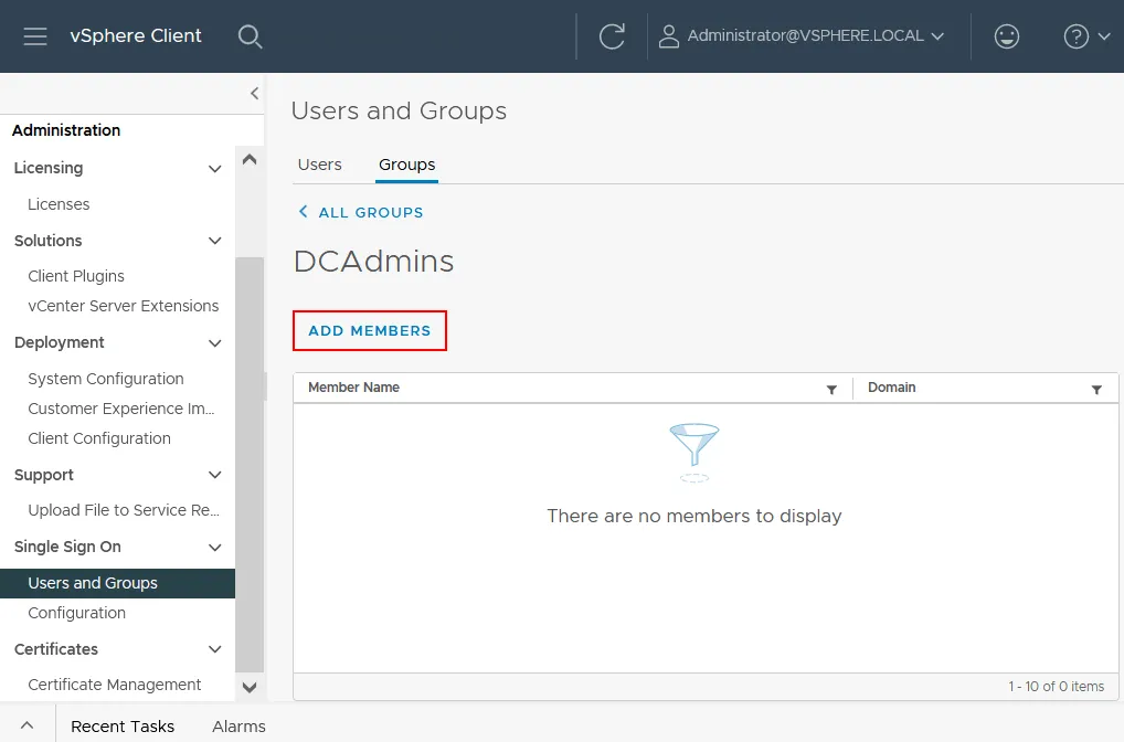 Adding users for vCenter Single Sign On