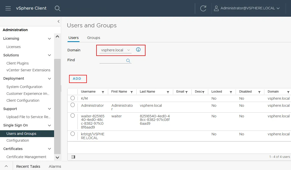 Editing users and groups in vCenter SSO configuration