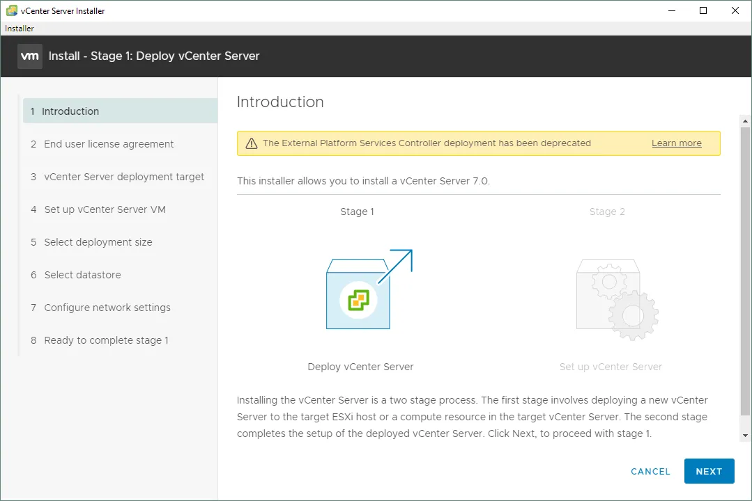 VMware vCenter SSO configuration at Stage 1 of deployment