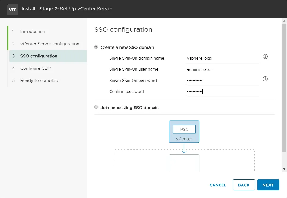 VMware vCenter SSO domain configuration during vCenter deployment