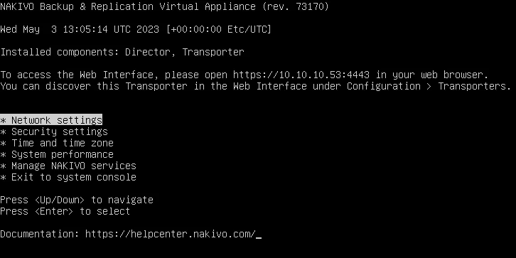 A configuration menu in the Linux-based NAKIVO virtual appliance VM