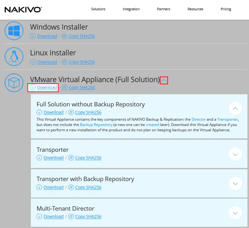 Downloading NAKIVO virtual appliance