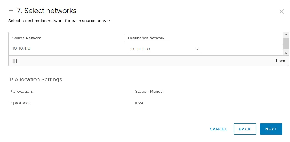 Selecting a virtual network to connect the virtual appliance