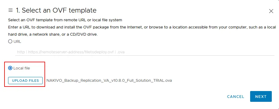 Selecting an OVF template file