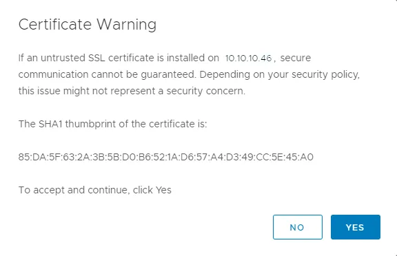 A certificate warning is displayed