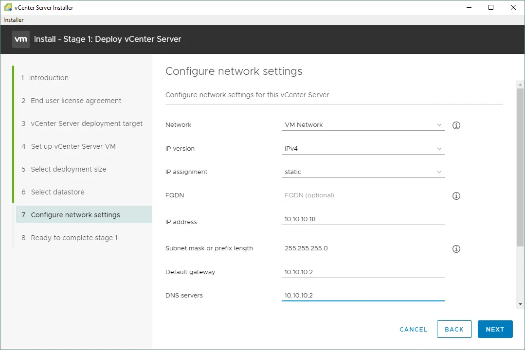 Configuring network settings for VCSA