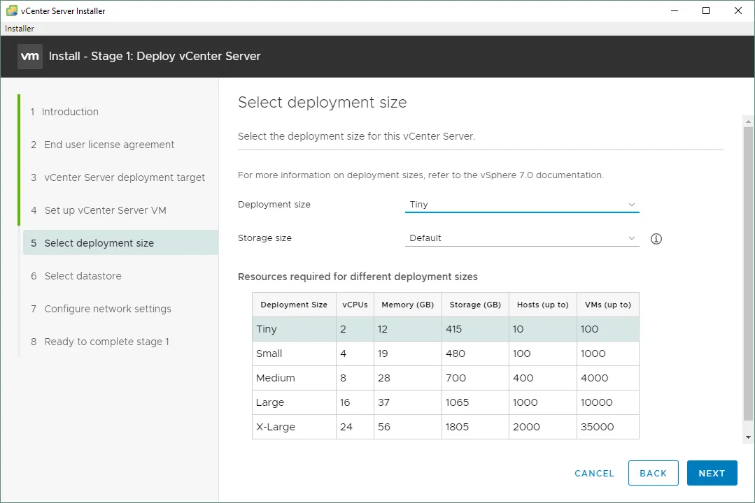 Selecting a vCenter Server deployment size