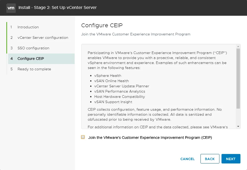 VMware CEIP options